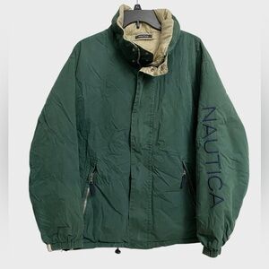 VTG Nautica Reversible Down Puffer Jacket Men's Sz L Full Zip Green Hooded *Flaw